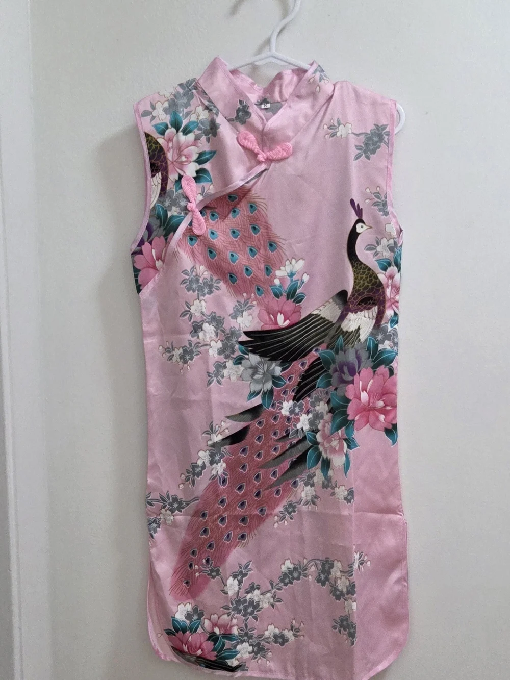 Pink Floral Peacock Cheongsam Dress, Child Size - Sleeveless Mandarin Collar